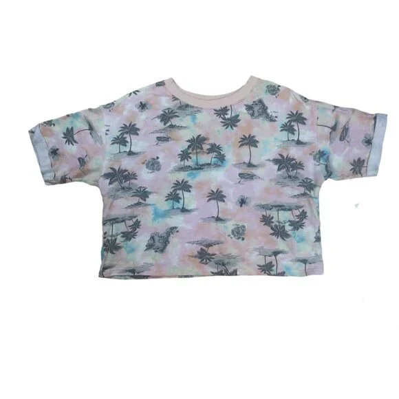 Old Navy Tie Dye Palm Tree Print Crop Tee Orange Blue Size M - Picture 3 of 4